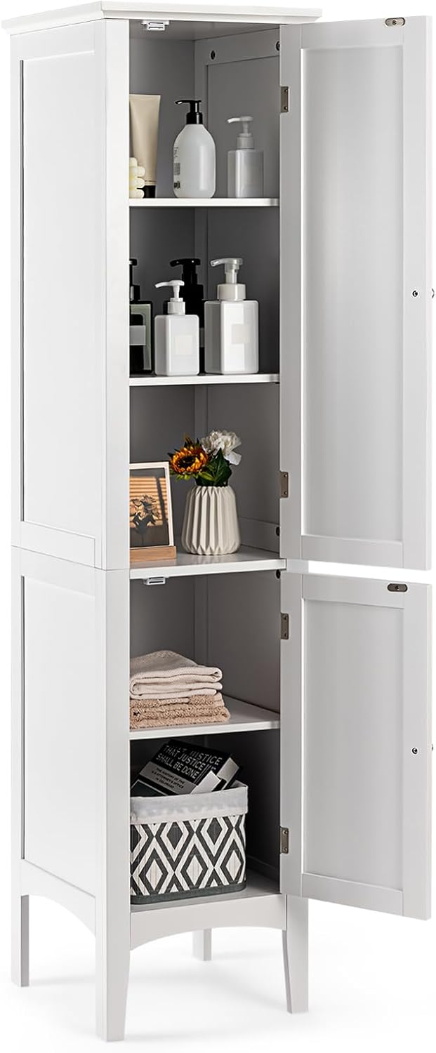 Tall Slim Storage Cabinet White 5 Tier 2 Door Cupboard