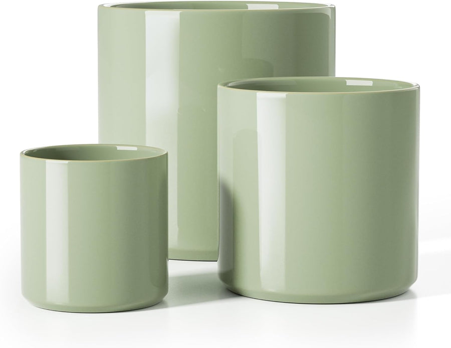 Ceramic Plant Pots Set 3 Sage Green Indoor Planters Drainage