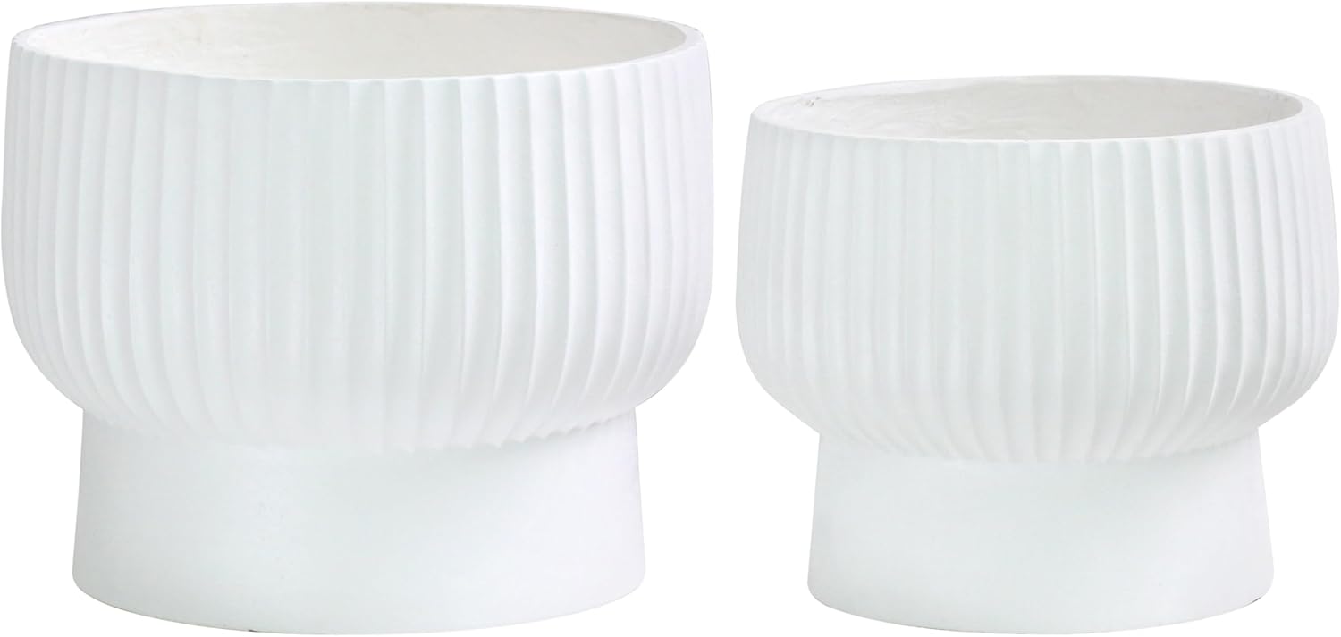 White Raised Planter Bowl Set 2 Fibrestone Pots 35cm 30cm