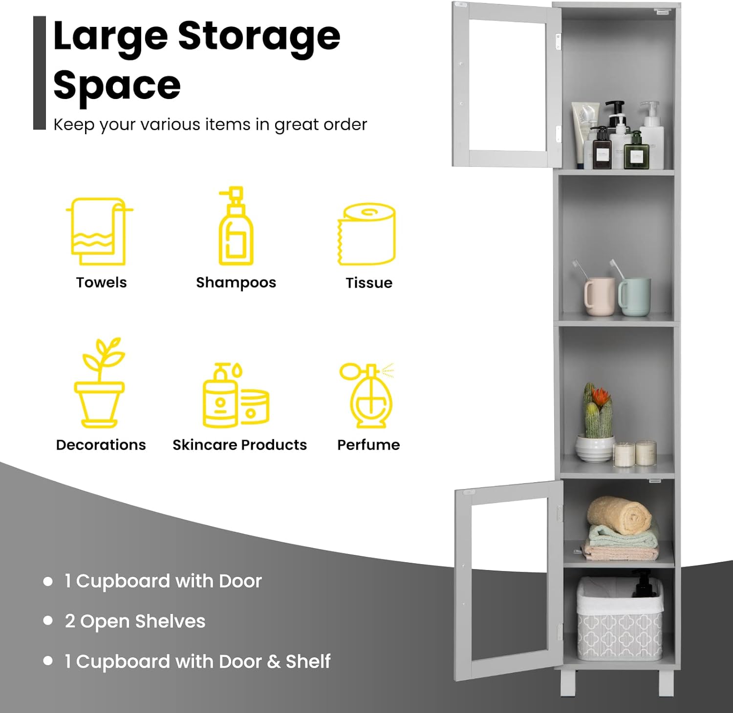 Tall Bathroom Storage Cabinet Slim Grey Cupboard Glass Door Shelf Unit