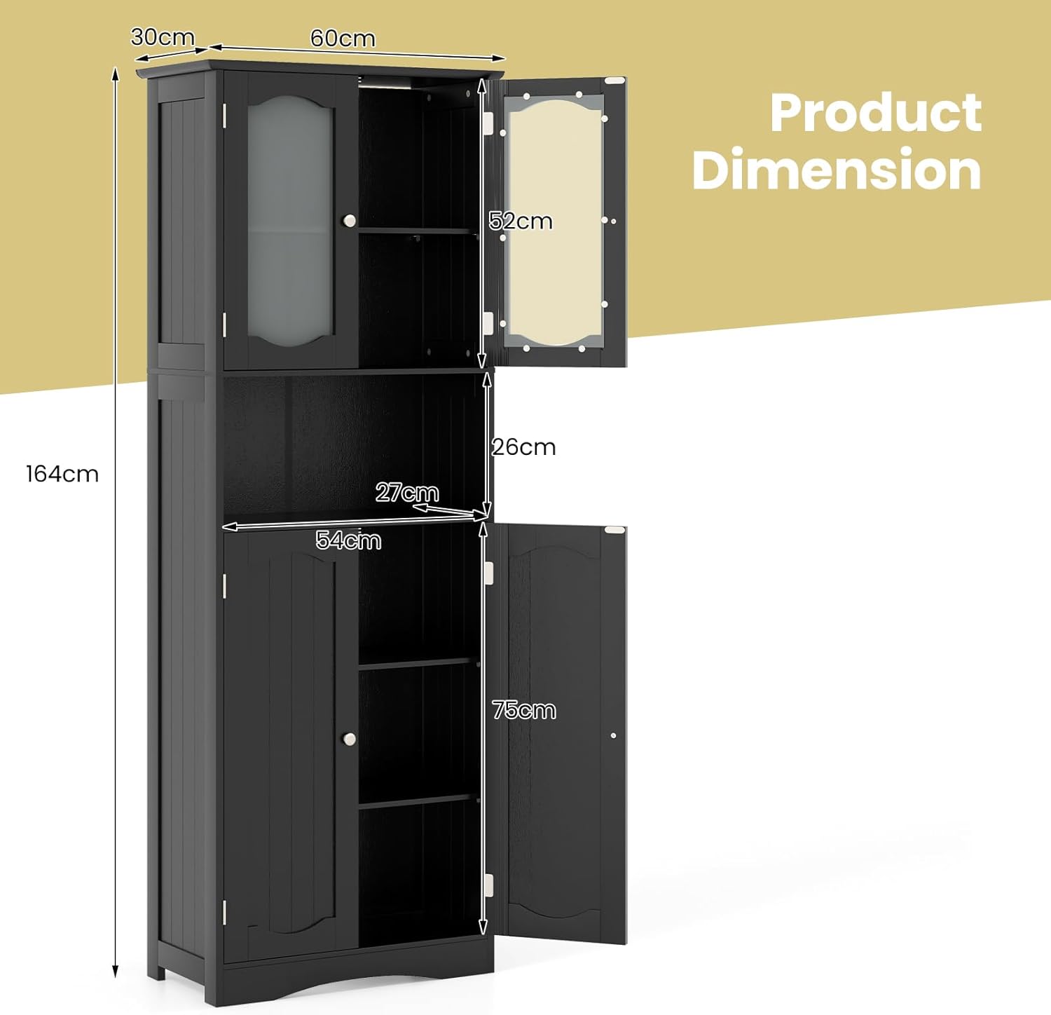 Tall Black Storage Cabinet Frost Glass Door Shelf Unit
