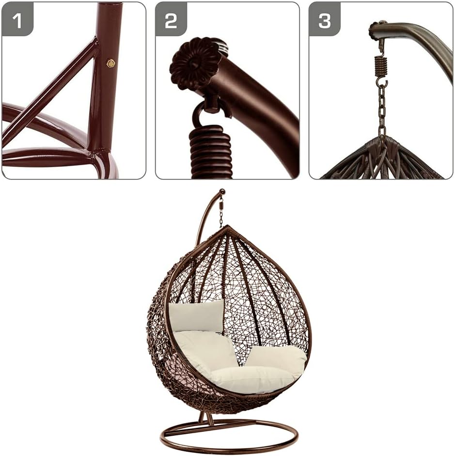 Rattan Swing Egg Chair with Stand Cushion Indoor Outdoor Grey