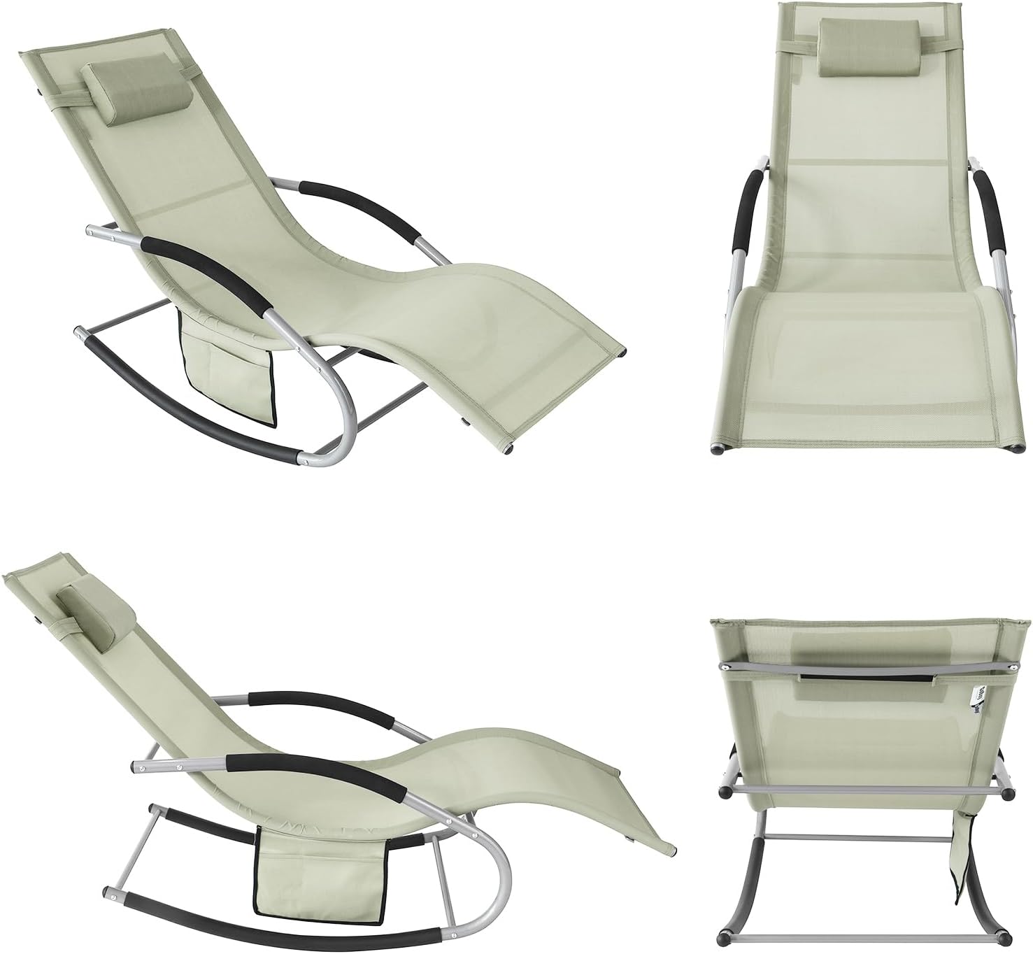 Outdoor Rocking Recliner Chair with Pillow Pocket Beige