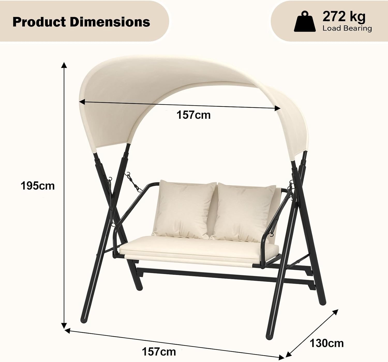 2 Seater Garden Swing Seat Canopy Cushions Metal Frame 272kg