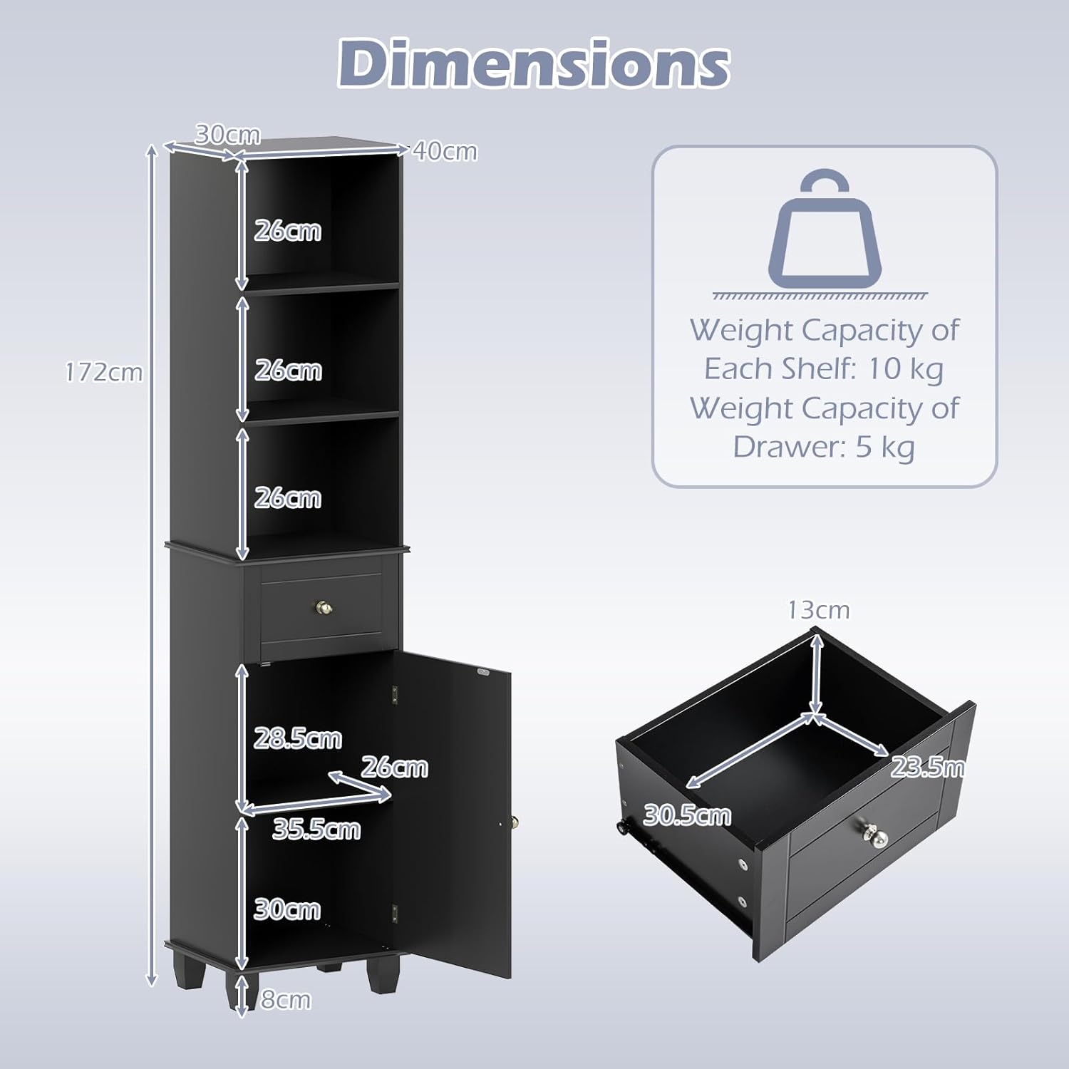 Tall Bathroom Cabinet Black Shelf Drawer Door Unit