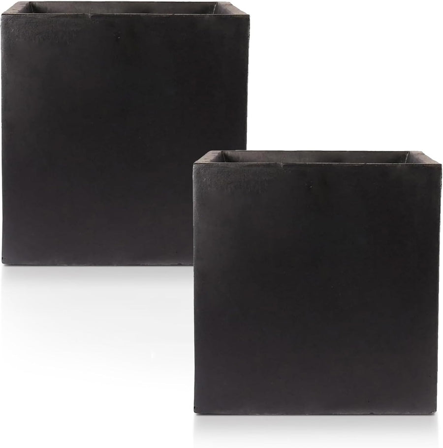 Set of 2 Large Square Planters 50cm Black Stone Effect Pots