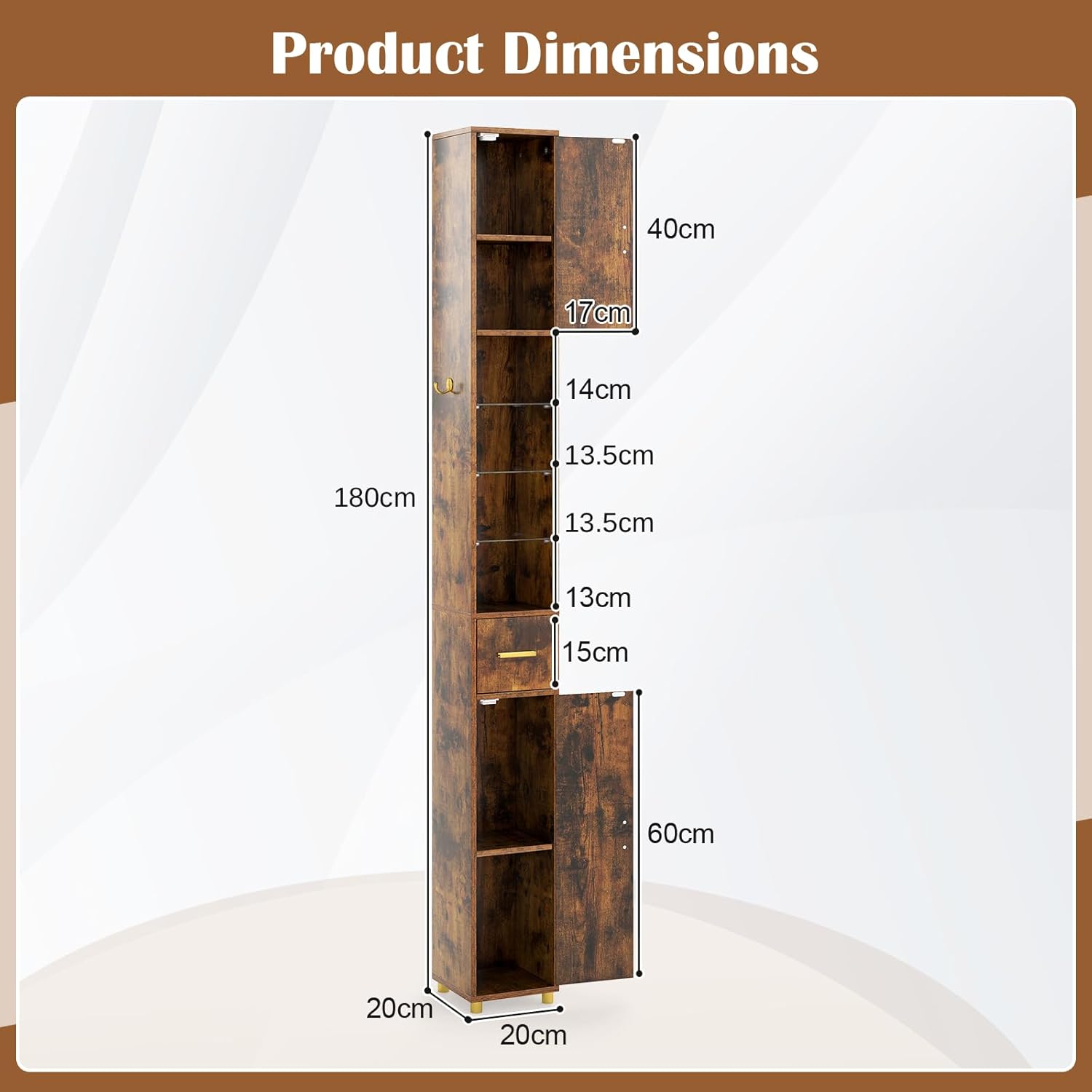 Tall Slim Bathroom Cabinet LED Lights Drawer Rustic Brown 180cm