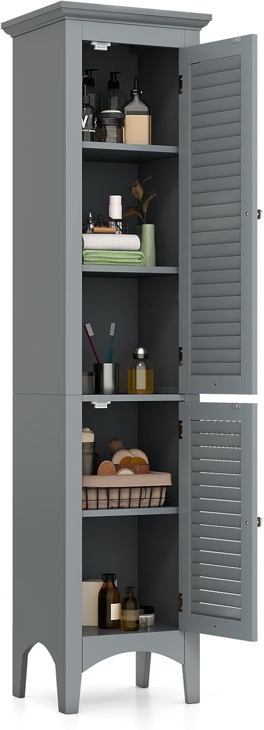 Tall Bathroom Storage Cabinet Grey 2 Door Shelf Unit