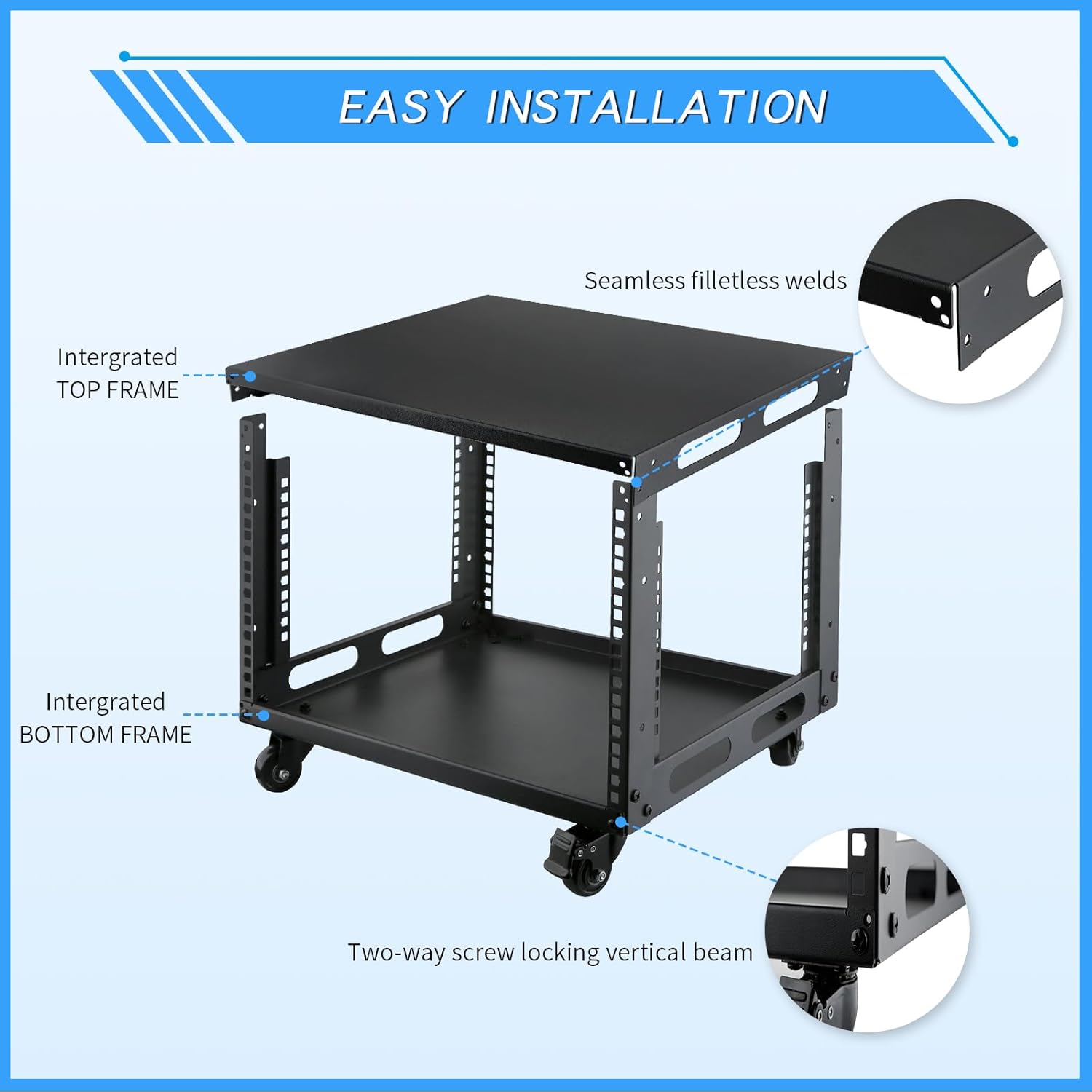 6U Open Frame Server Rack with Wheels 4 Post Mobile Stand