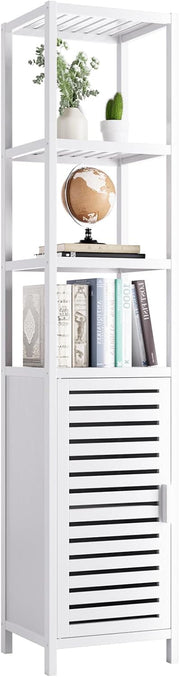 Bamboo Tall Storage Cabinet White Shelf Shutter Door Unit