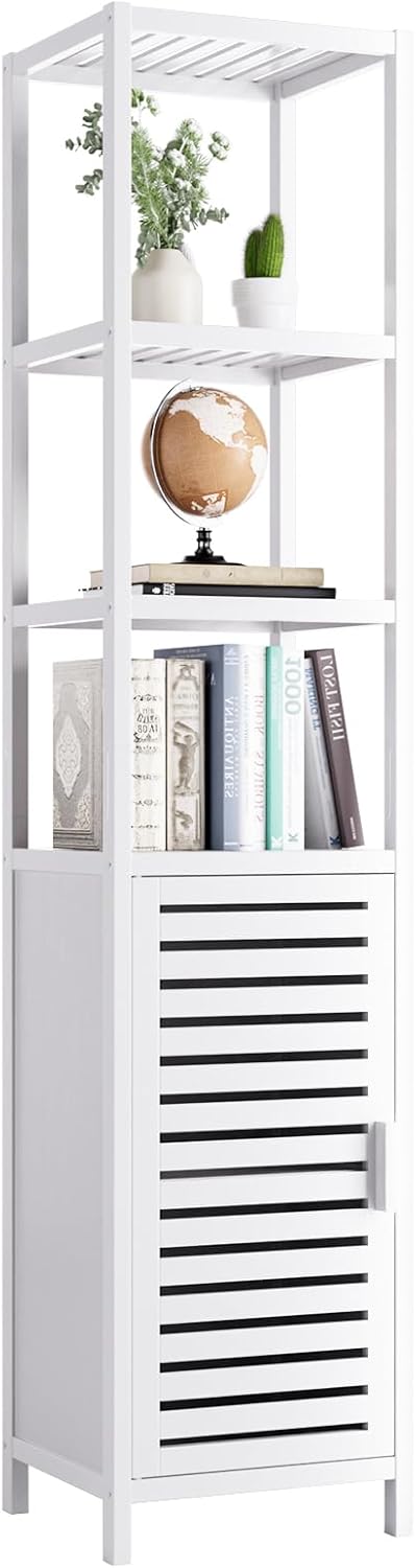 Bamboo Tall Storage Cabinet White Shelf Shutter Door Unit