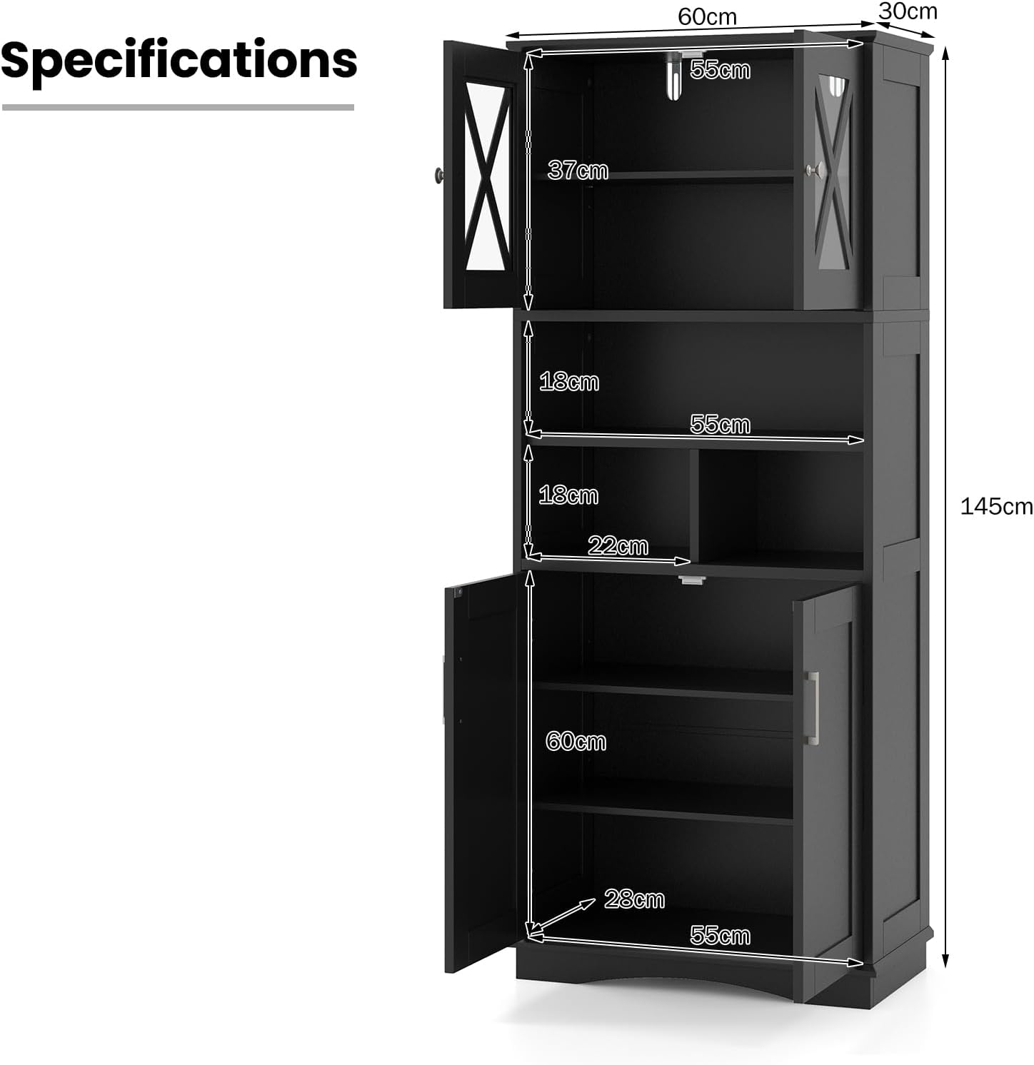 Tall Bathroom Storage Cabinet 4 Door Shelf Unit Black