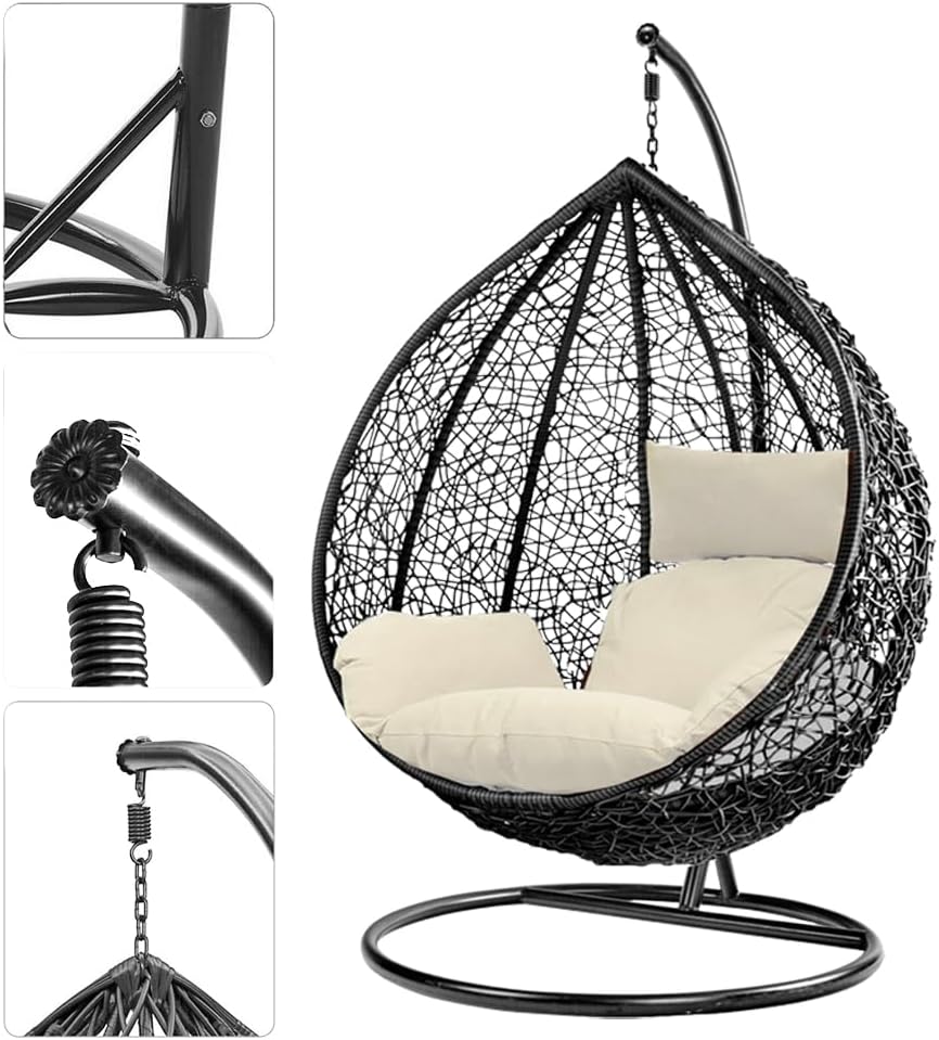Hanging Egg Chair With Stand Cushion Black White
