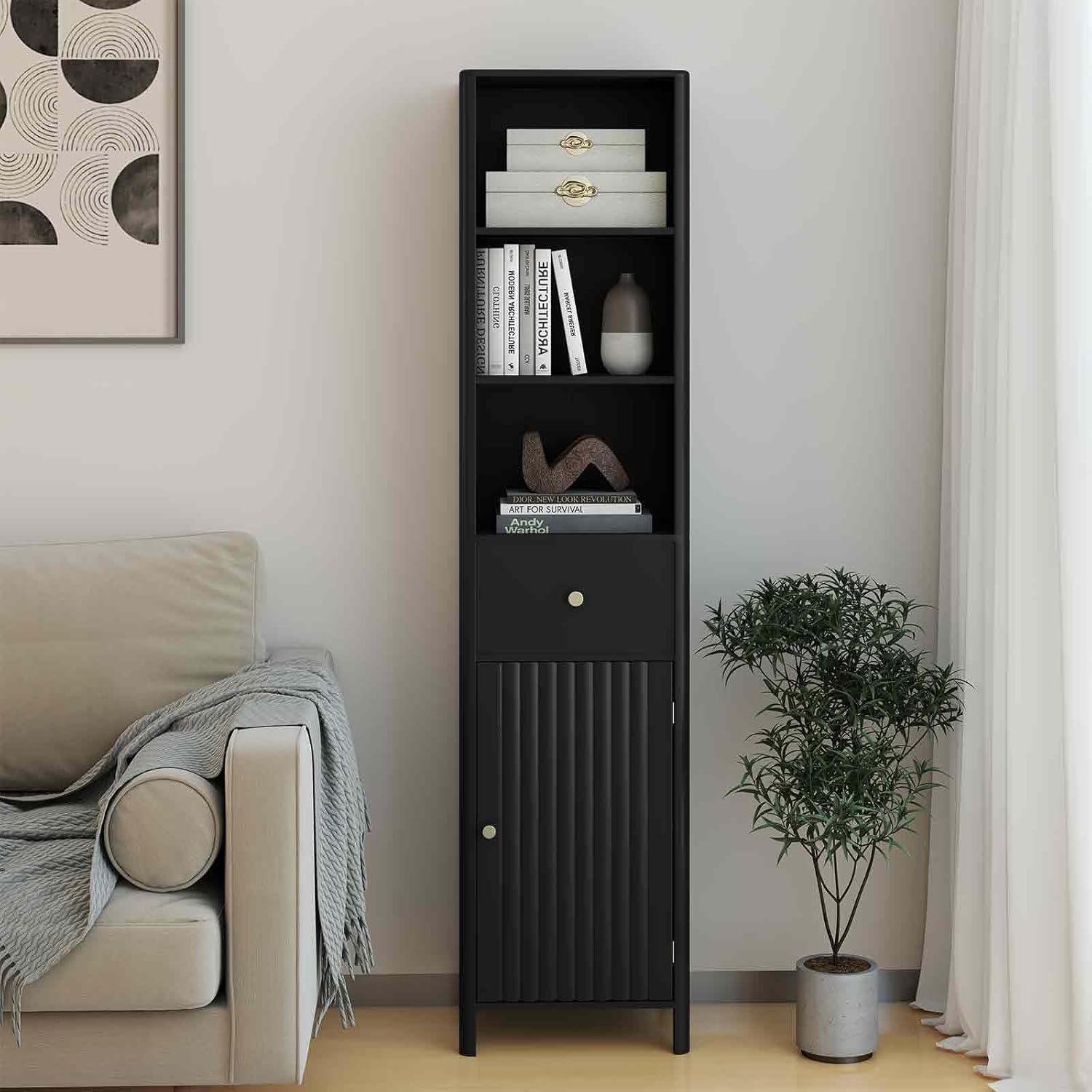 Tall Bathroom Storage Cabinet Black Fluted Door Drawer 170cm