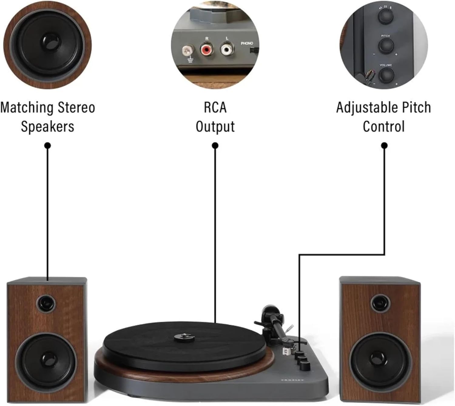 Bluetooth Record Player with 24W Speakers Walnut Grey