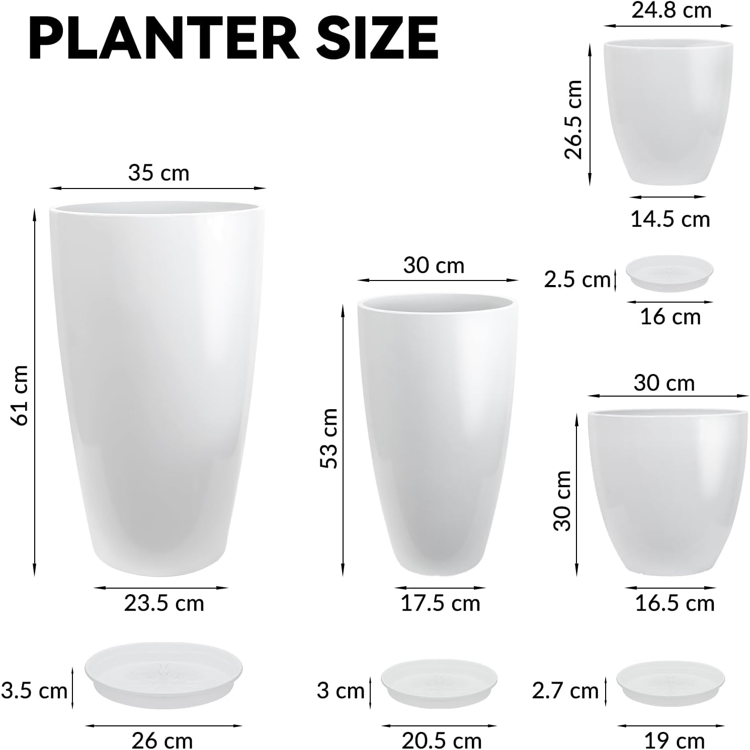 Plant Pots Set of 4 White Tall Planters 25 30 35cm Indoor Outdoor