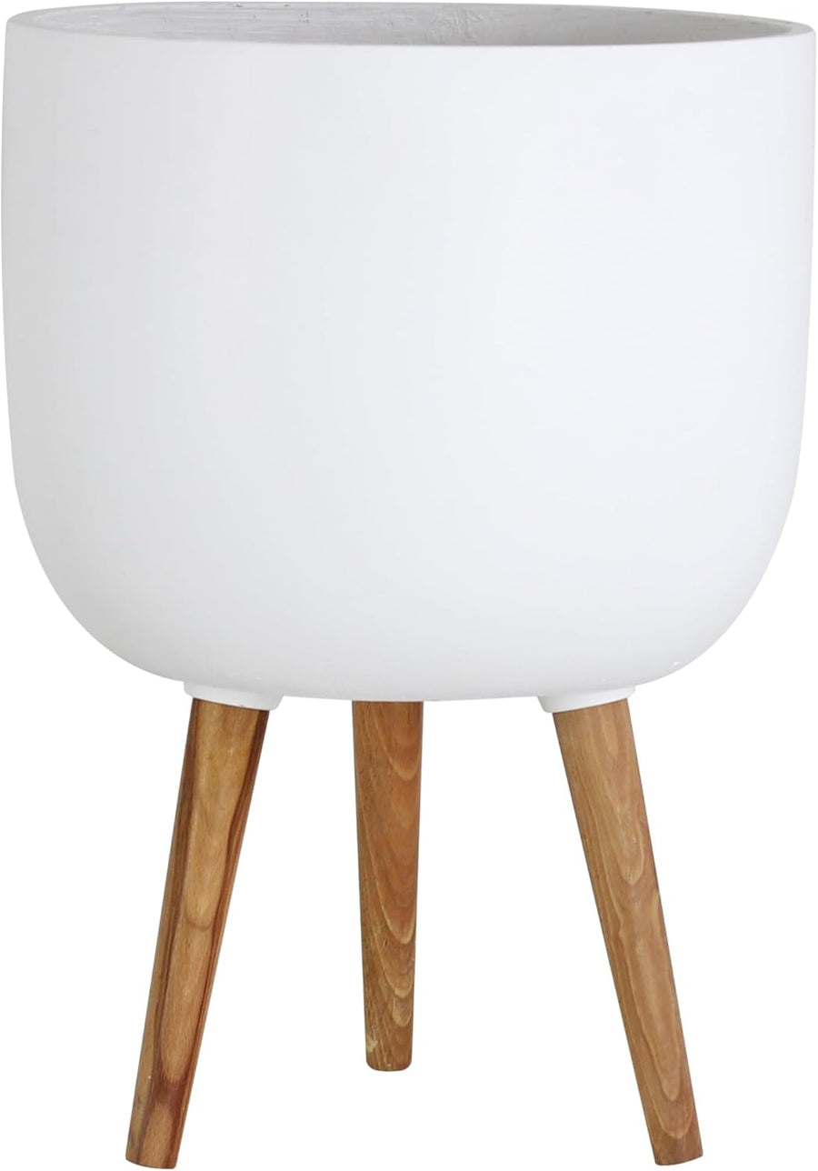 White Plant Pot with Stand 38cm Large Planter Hardwood Legs
