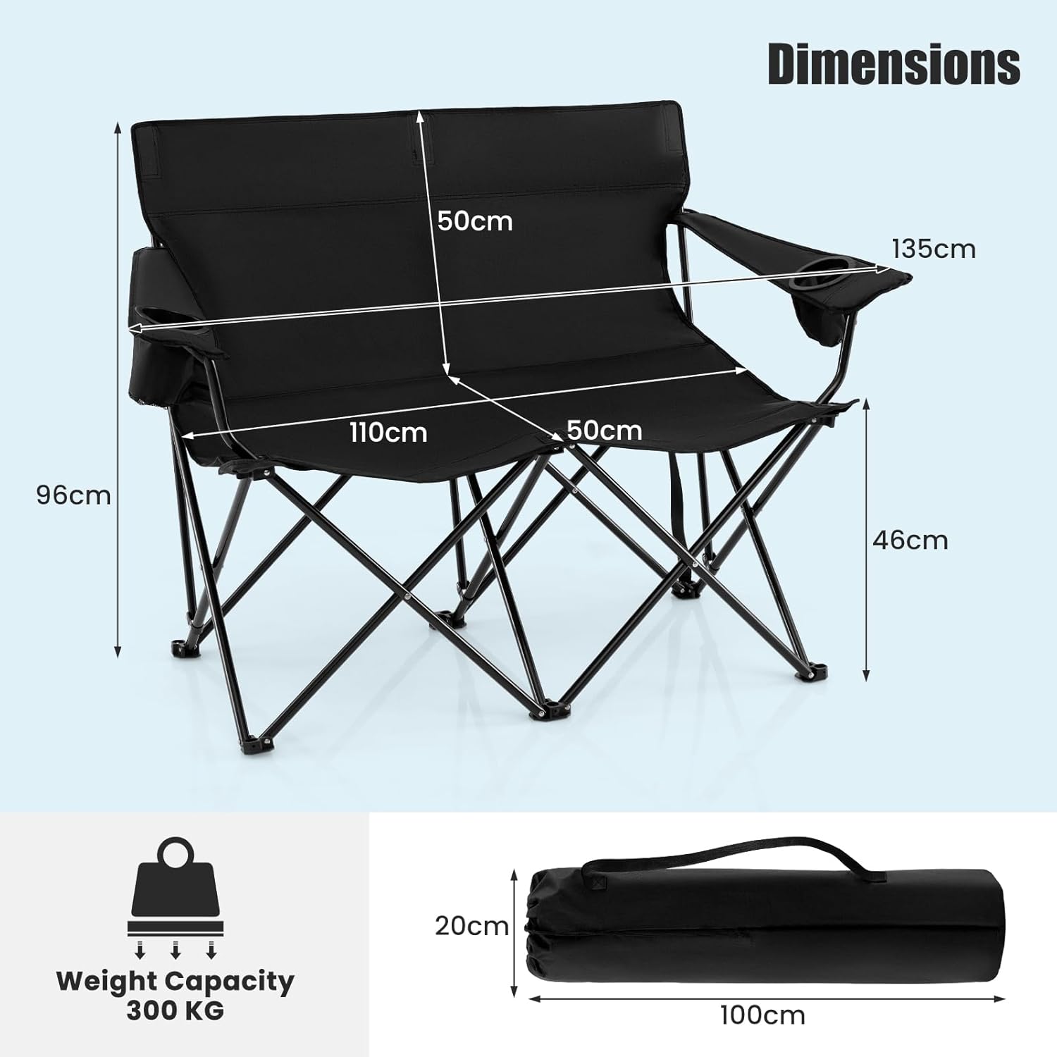 Double Camping Loveseat Chair 300KG Foldable Black