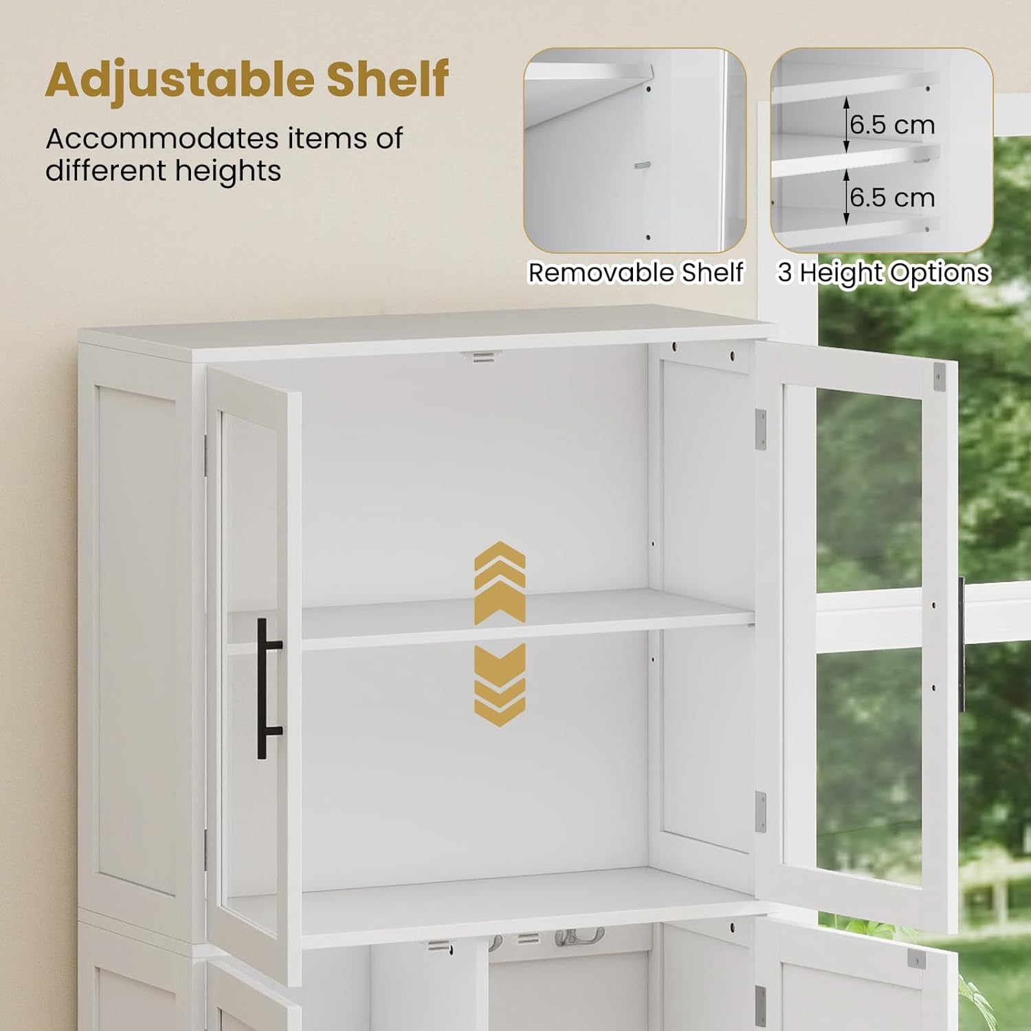 Tall Storage Cabinet White Glass Door Hook Shelf Unit
