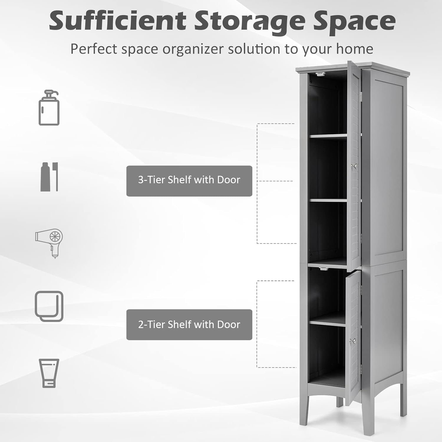 Slim Bathroom Tall Cabinet 2 Door 5 Tier Shelf Unit Grey