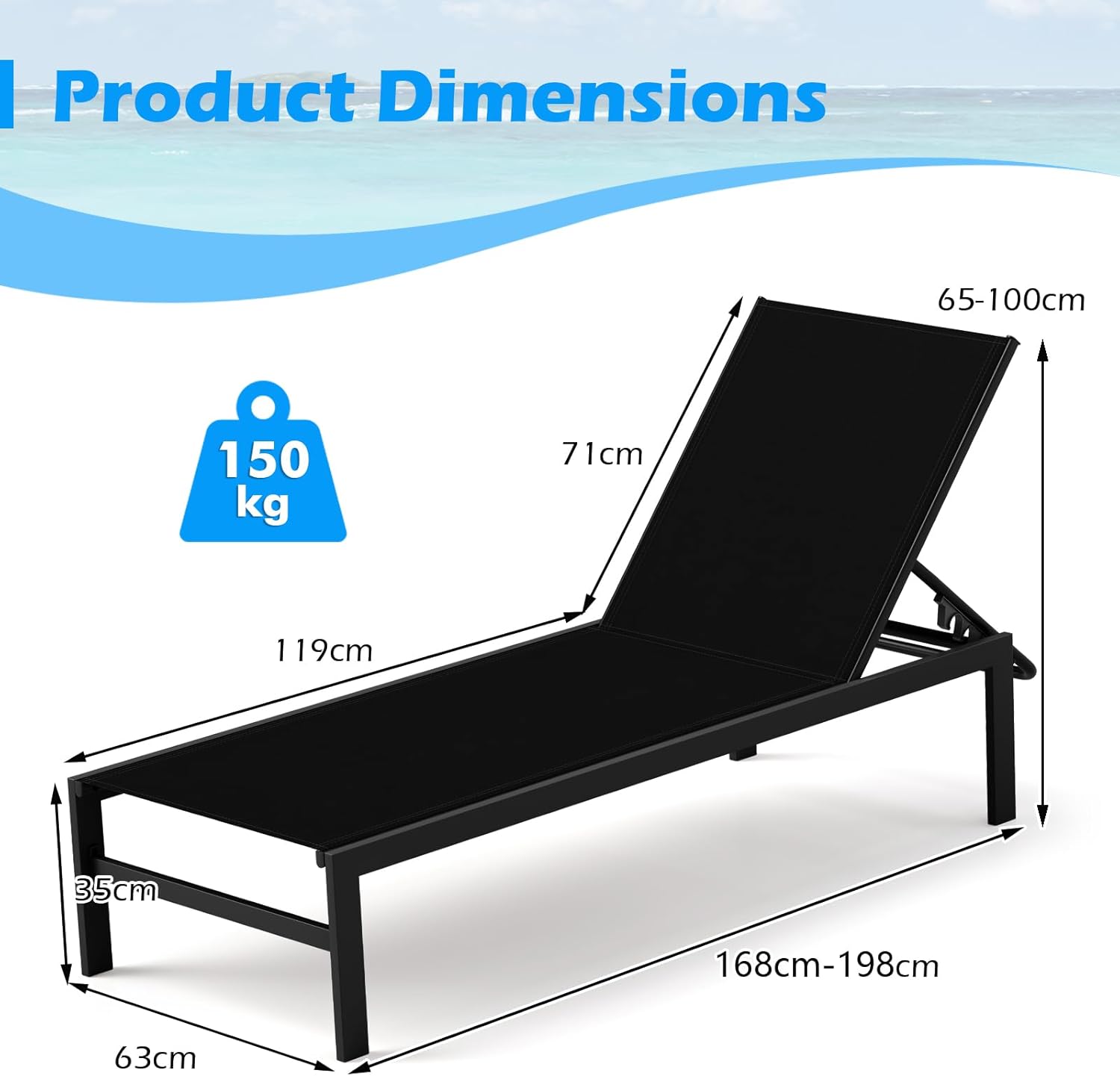 6 Level Aluminum Sun Lounger Recliner Chair Black