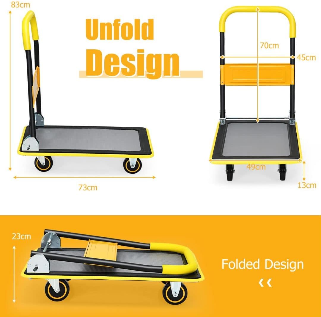 Folding Push Cart Dolly 150KG Flatbed Trolley Yellow