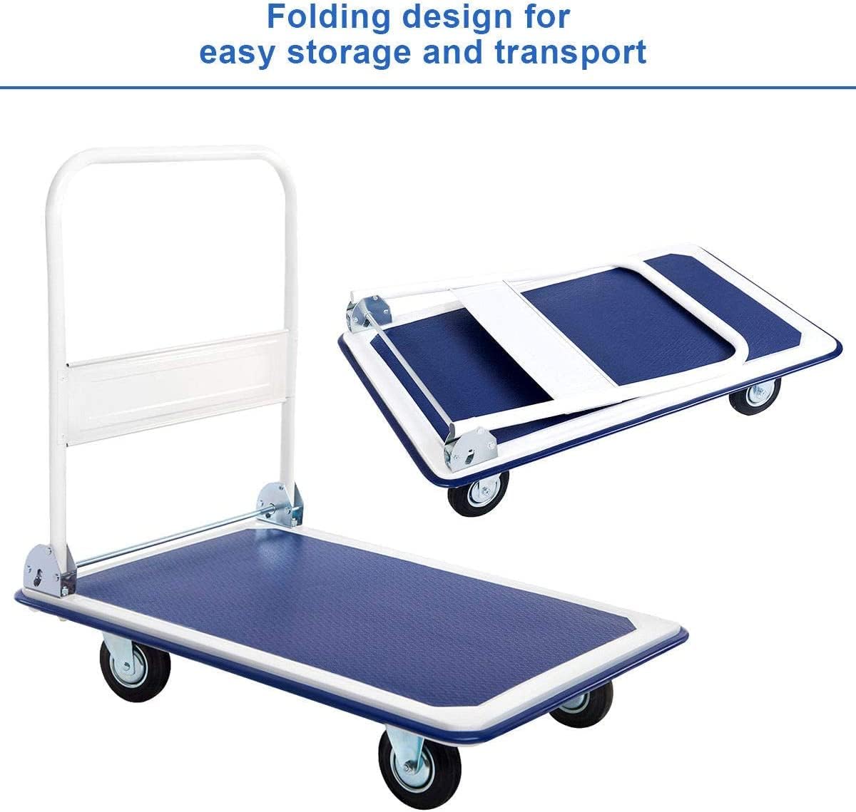 Folding Push Cart Dolly 300KG Flatbed Trolley Blue