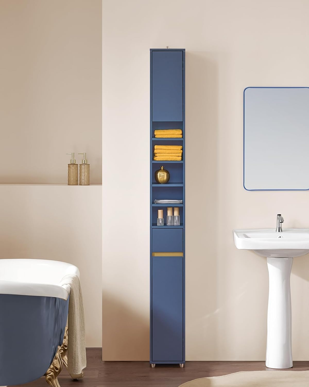 Tall Slim Bathroom Storage Cabinet 20cm Blue Drawer Shelves