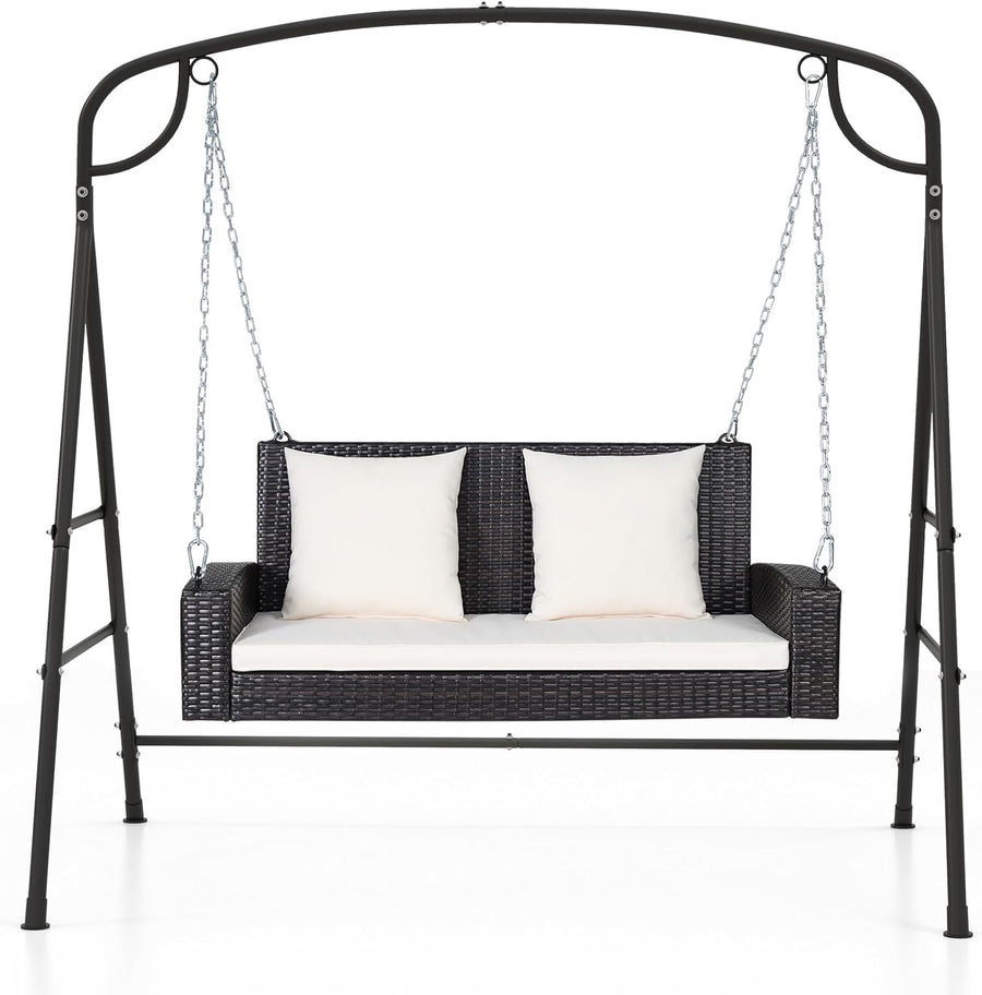 2 Seater Rattan Garden Swing Chair Set White Stand