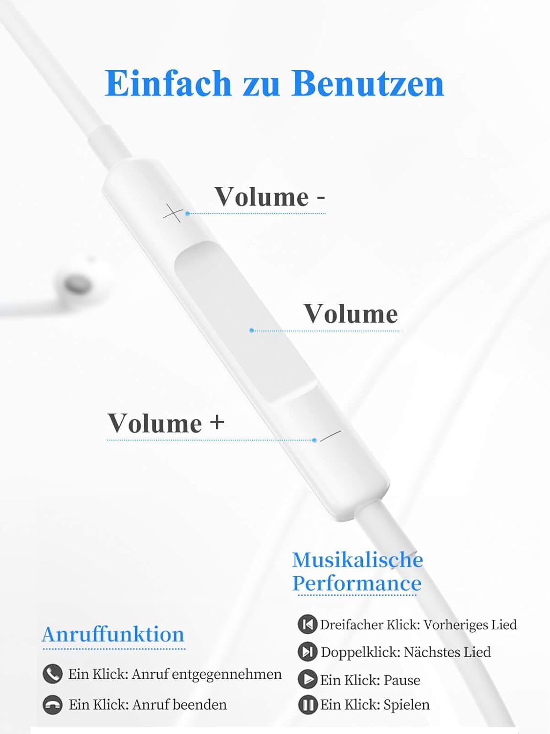 Wired In Ear Stereo Earphones with Mic Volume Control White