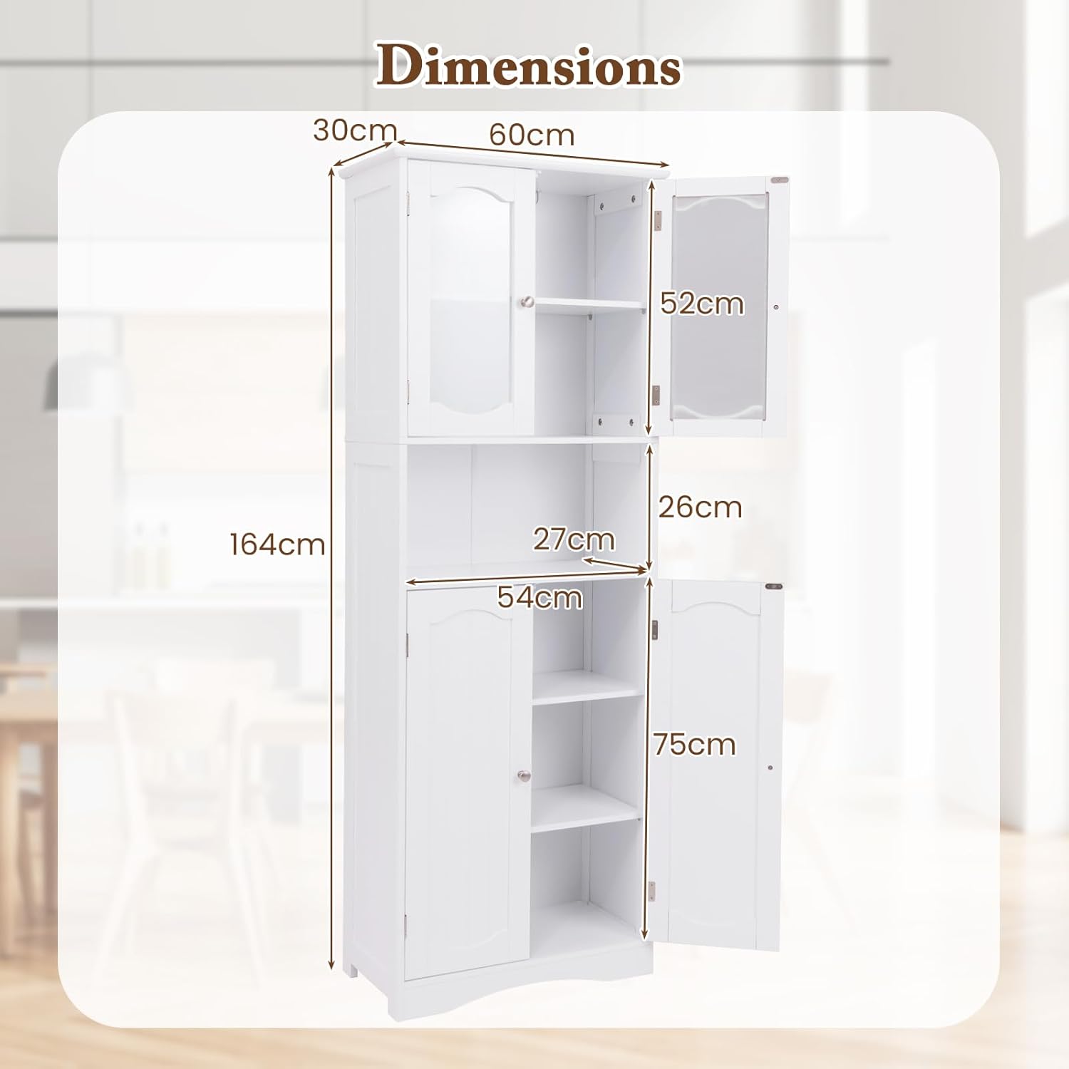 Tall Bathroom Storage Cabinet Glass Door Shelf Unit White