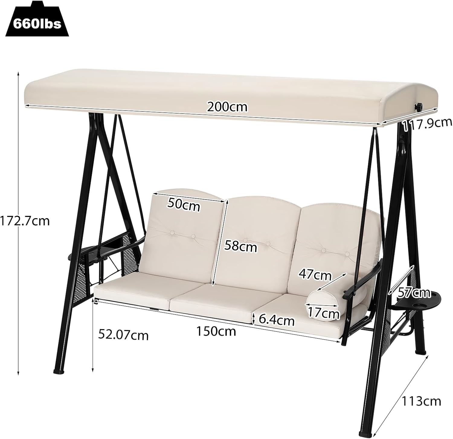 3 Seater Garden Swing Chair Beige Canopy Cup Trays