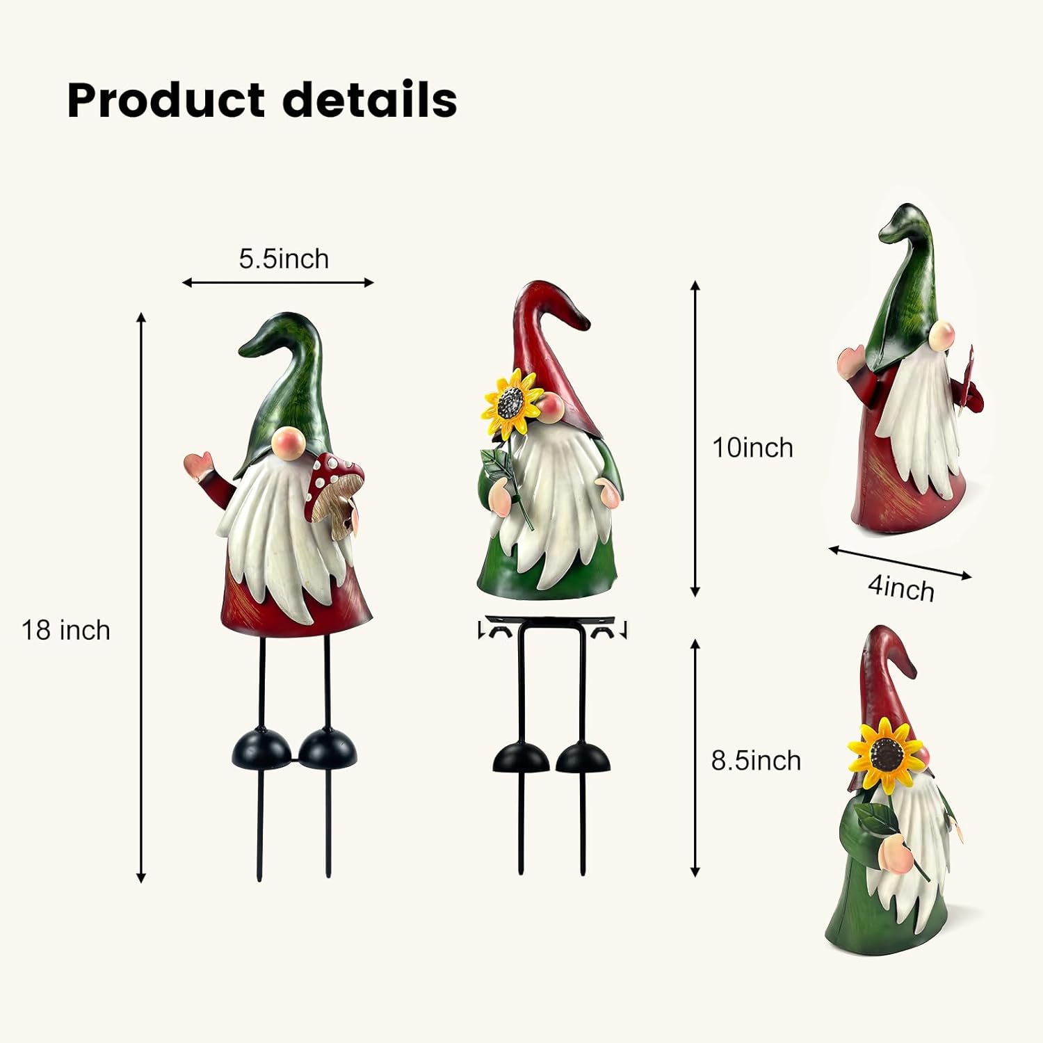 2PCS Metal Garden Gnome Stakes Outdoor Yard Art Lawn Decor 18in