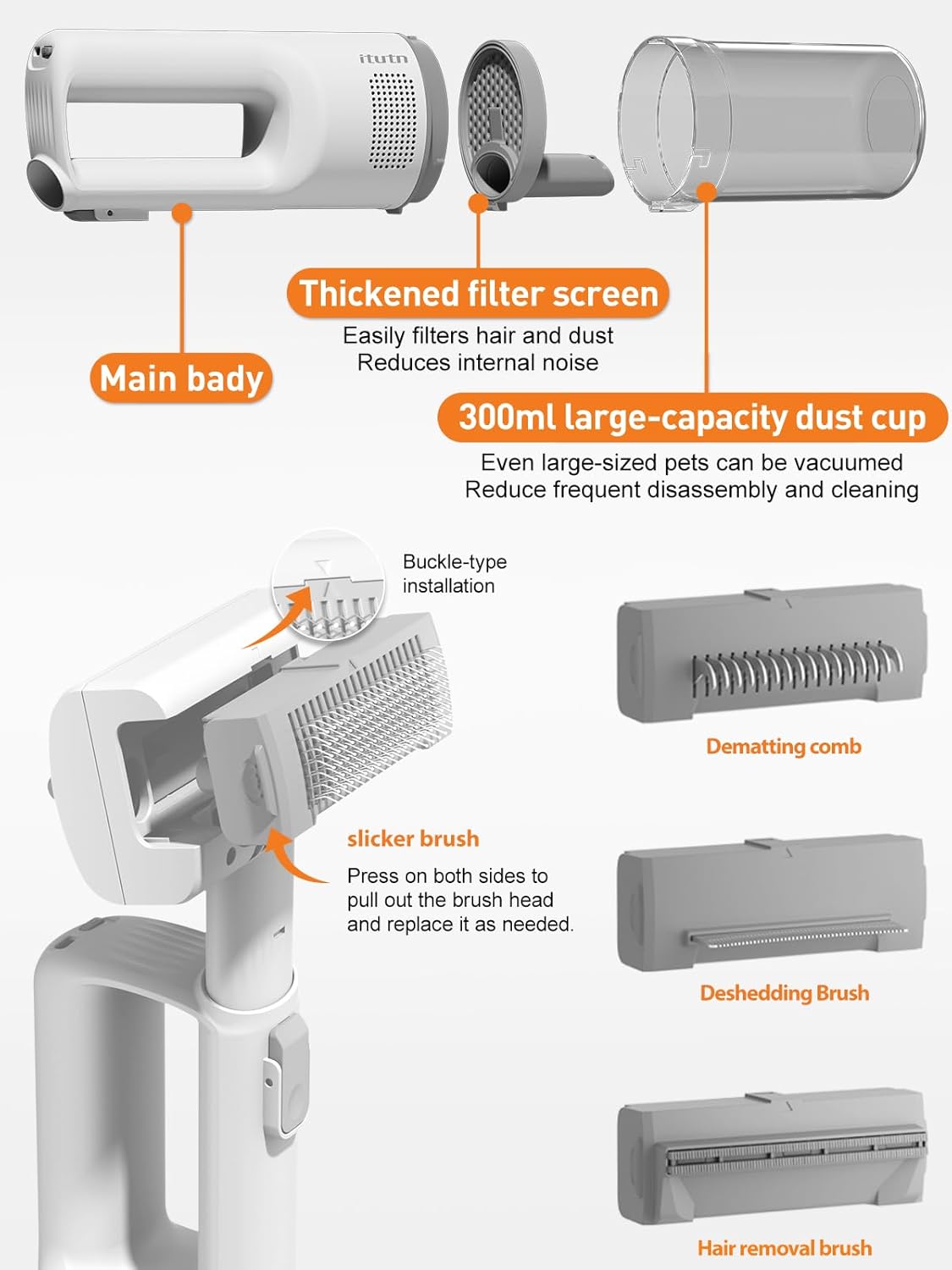 Cordless Pet Grooming Vacuum 10KPa 4 Brush Low Noise White
