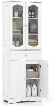 Tall Bathroom Cabinet Glass Door Drawer Shelf Unit White