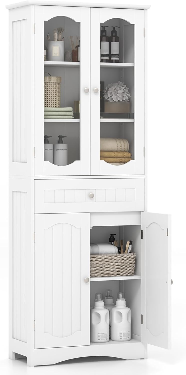 Tall Bathroom Cabinet Glass Door Drawer Shelf Unit White