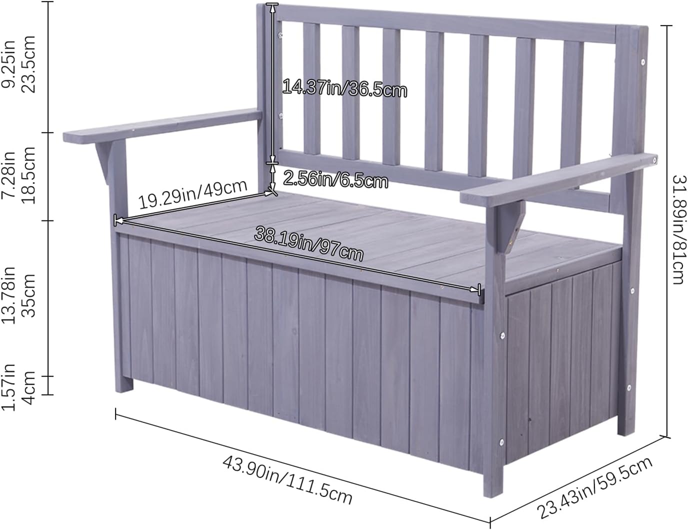 2 Seater Wooden Garden Storage Bench 135L Outdoor Patio Seat Grey