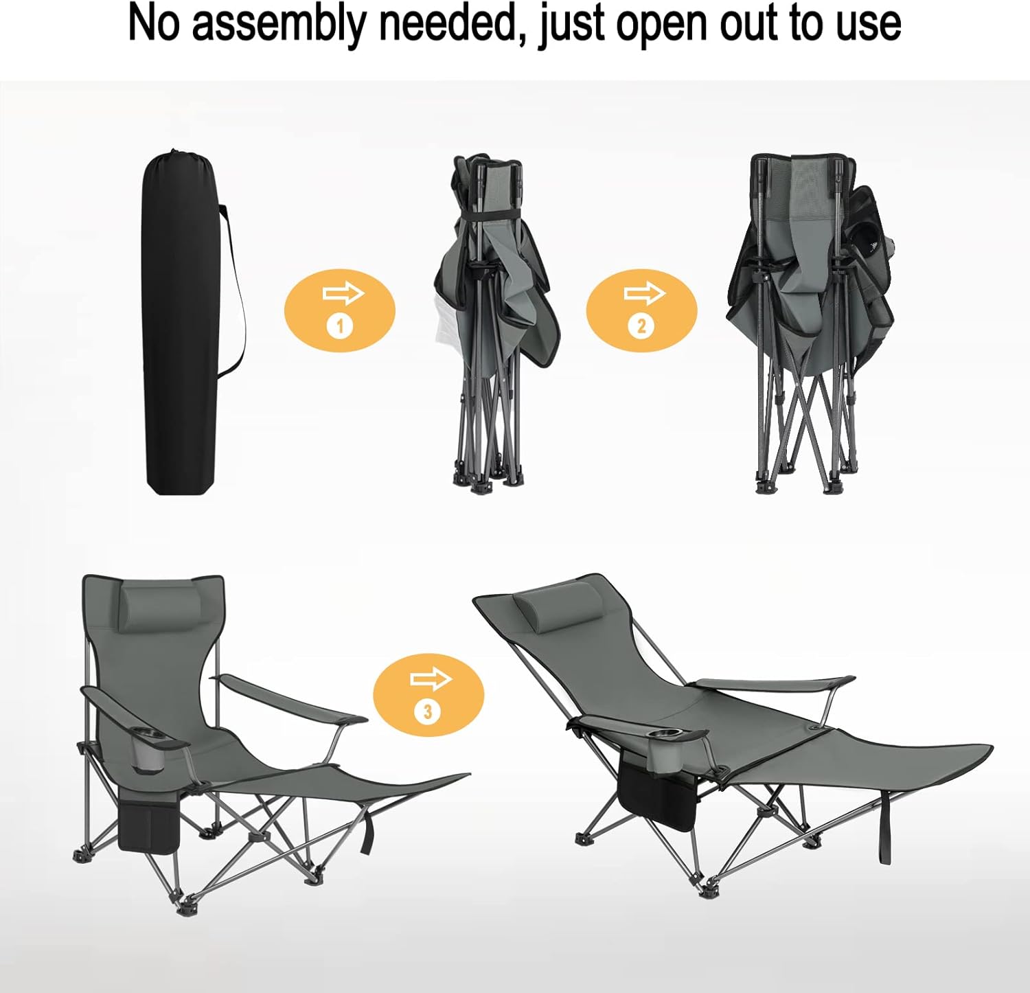 2 Pack Grey Reclining Camping Chairs with Footrest Set