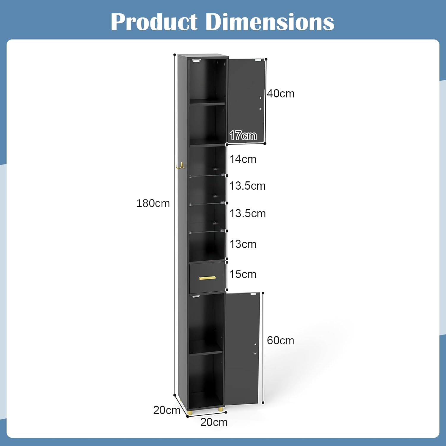 Tall Slim Bathroom Cabinet LED Light Drawer Shelves Black 180cm