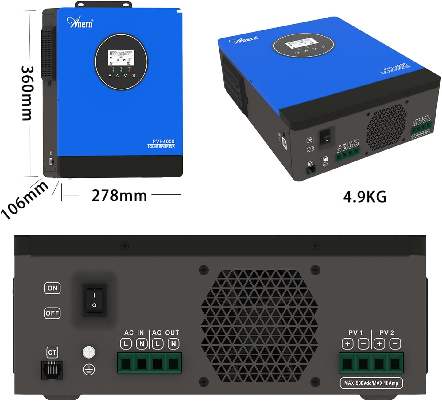 6KW Solar Inverter 220V 240V Dual MPPT Pure Sine Wave