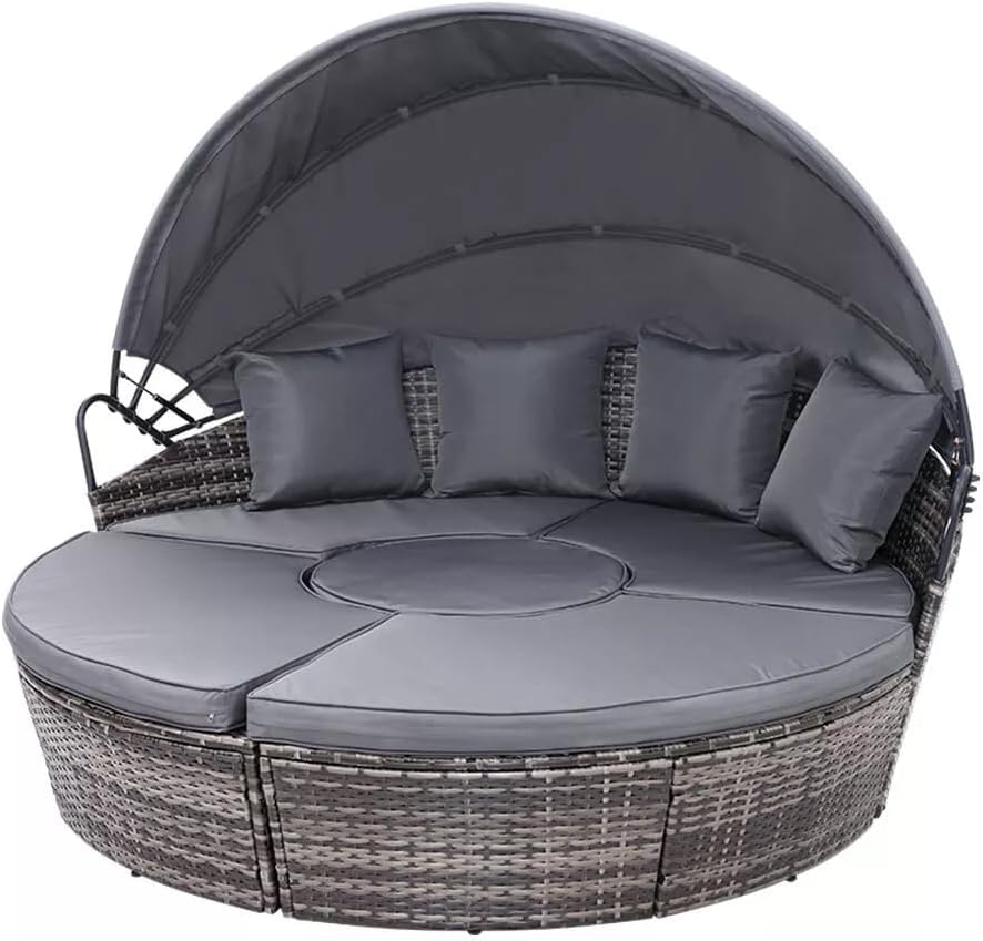 Outdoor Rattan Day Bed Chair Set Canopy Coffee Table Grey