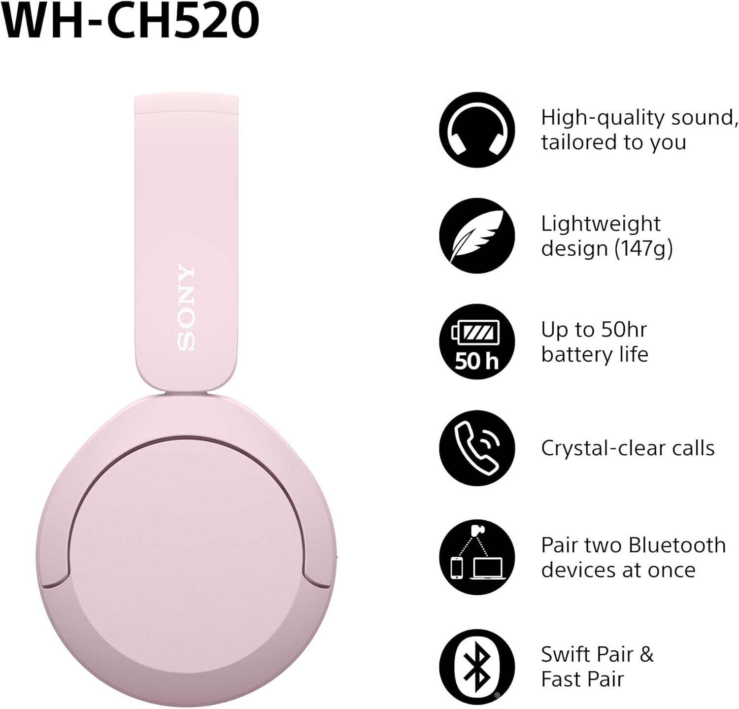 Wireless Bluetooth On-Ear Headphones 50Hr Battery Quick Charge EQ Pink