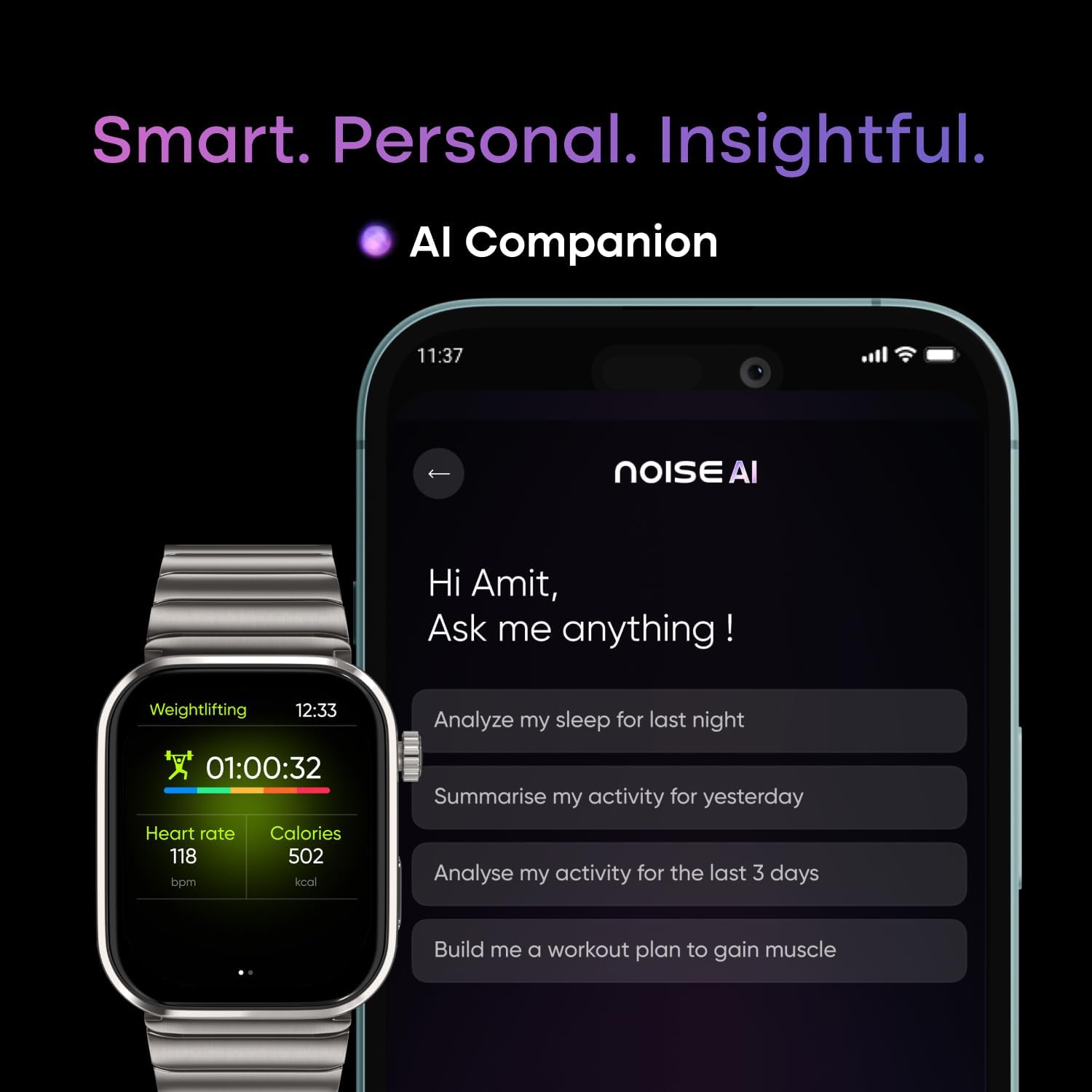 AI Smart Watch 1.96 AMOLED GPS Stainless Steel Black