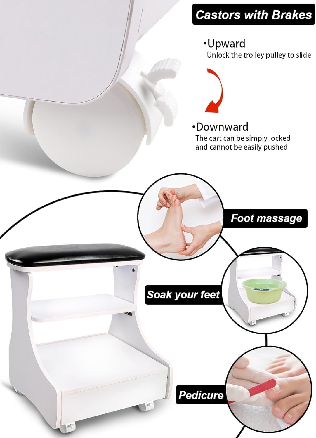 Mobile Pedicure Foot Rest Trolley PU Leather Nail Stool Storage