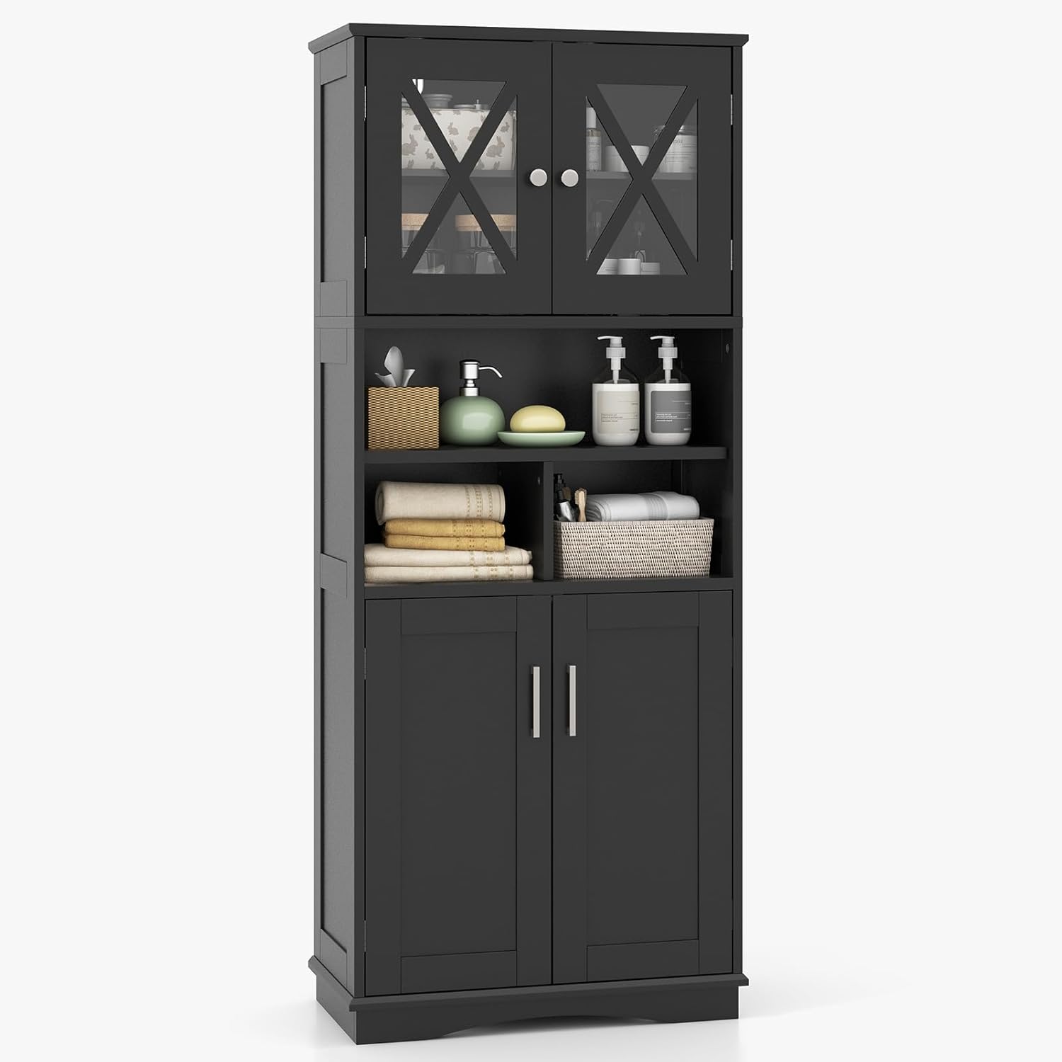 Tall Bathroom Storage Cabinet 4 Door Shelf Unit Black