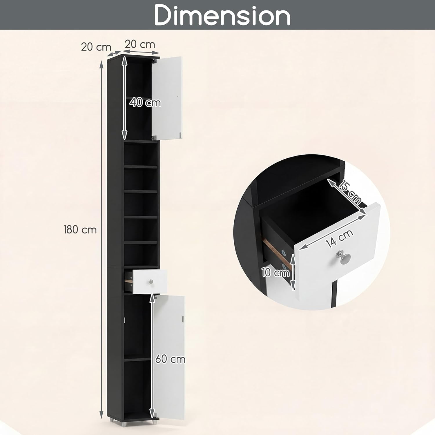 Tall Slim Bathroom Storage Cabinet Drawer Shelves Black White