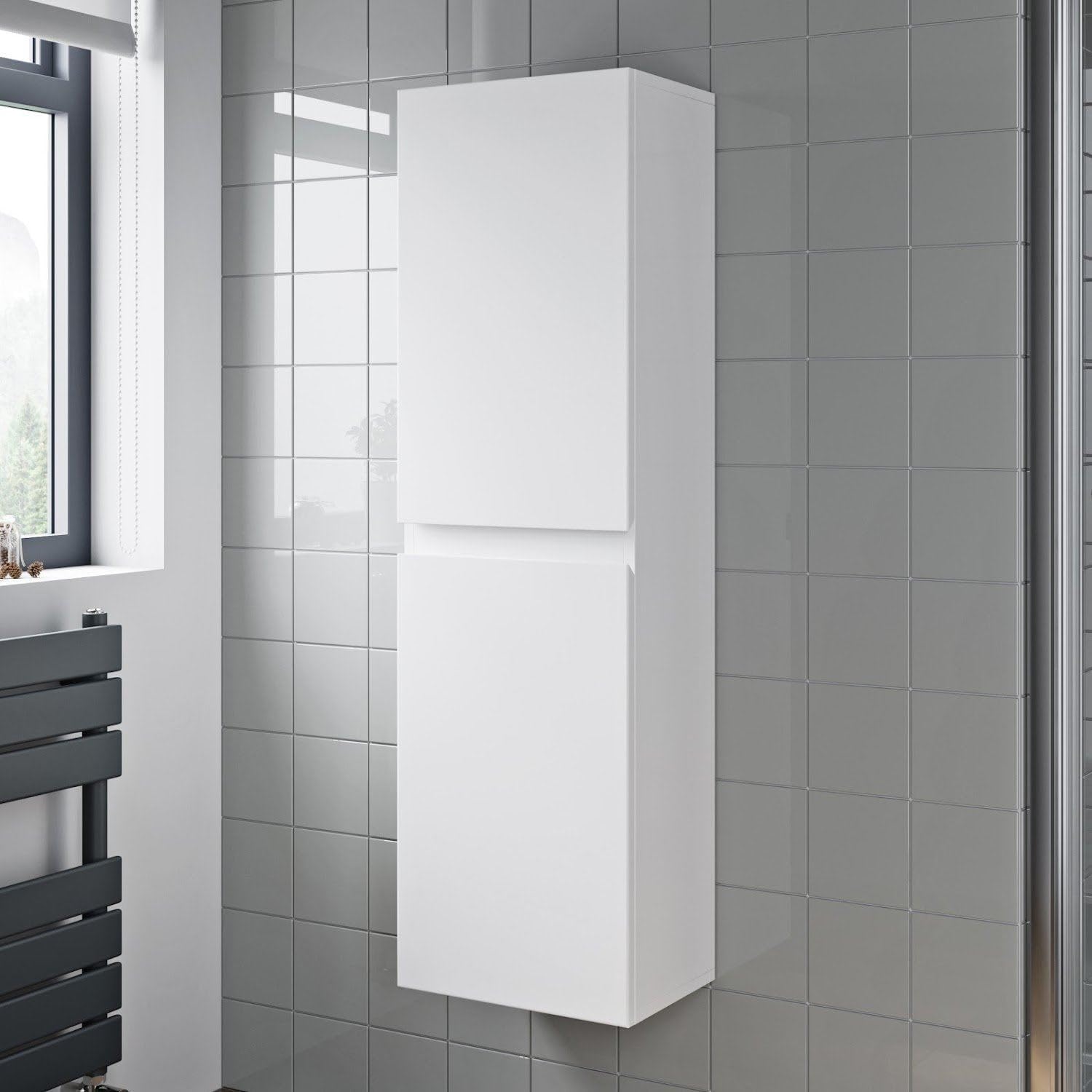 Wall Mounted Tall Bathroom Cabinet White Gloss 2 Door