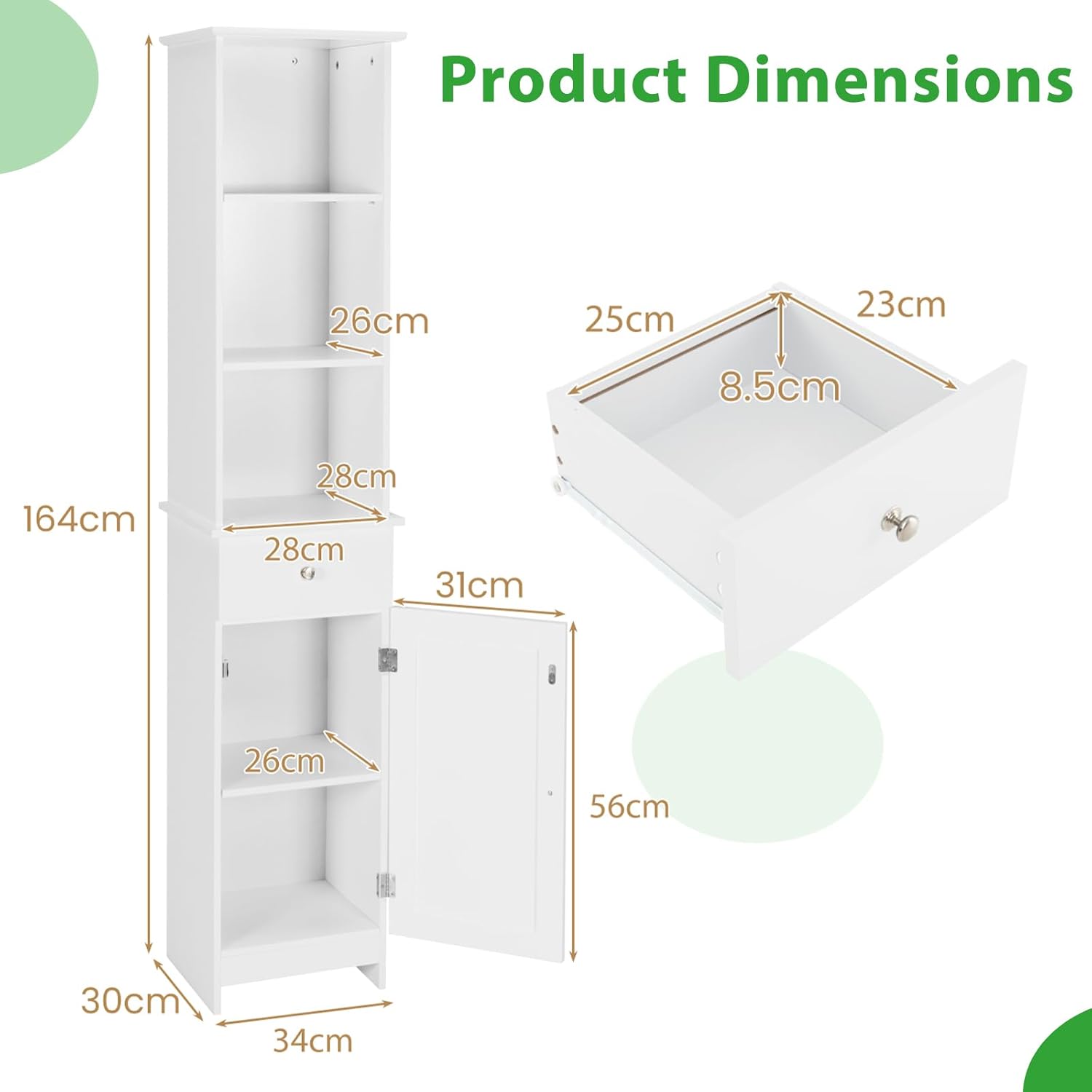 Slim Bathroom Tall Cabinet Drawer Shelf Cupboard White