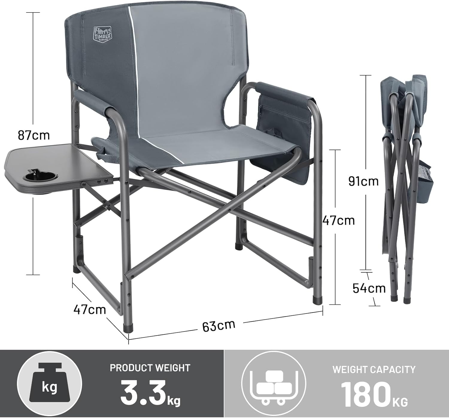 Directors Camping Chair 180kg Foldable Side Table Grey
