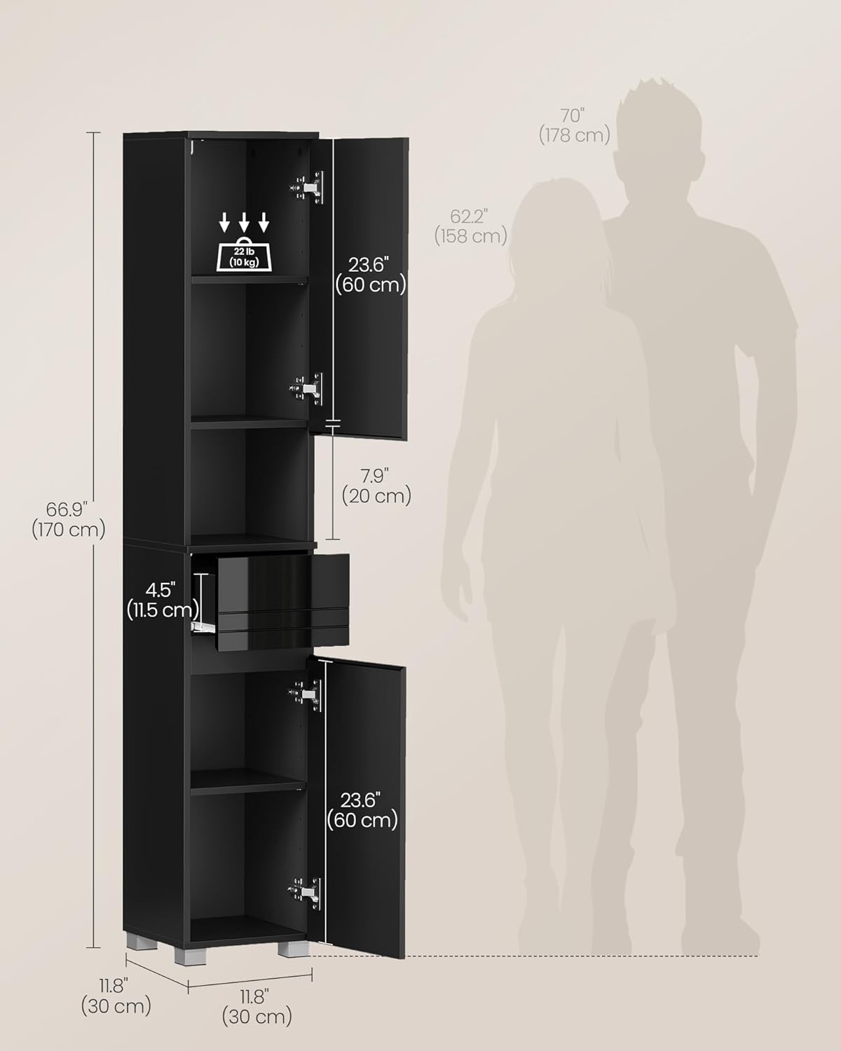 Tall Slim Bathroom Storage Cabinet Drawer Adjustable Shelves Black 170cm